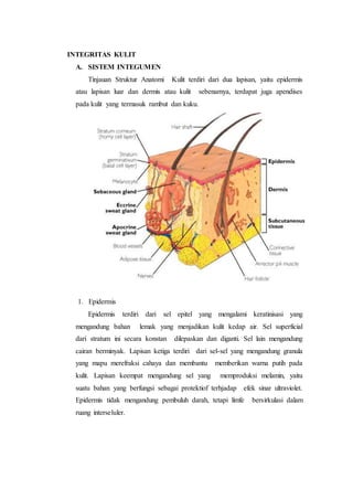 INTEGRITAS KULIT 
A. SISTEM INTEGUMEN 
Tinjauan Struktur Anatomi Kulit terdiri dari dua lapisan, yaitu epidermis 
atau lapisan luar dan dermis atau kulit sebenarnya, terdapat juga apendises 
pada kulit yang termasuk rambut dan kuku. 
1. Epidermis 
Epidermis terdiri dari sel epitel yang mengalami keratinisasi yang 
mengandung bahan lemak yang menjadikan kulit kedap air. Sel superficial 
dari stratum ini secara konstan dilepaskan dan diganti. Sel lain mengandung 
cairan berminyak. Lapisan ketiga terdiri dari sel-sel yang mengandung granula 
yang mapu merefraksi cahaya dan membantu memberikan warna putih pada 
kulit. Lapisan keempat mengandung sel yang memproduksi melamin, yaitu 
suatu bahan yang berfungsi sebagai protektiof terhjadap efek sinar ultraviolet. 
Epidermis tidak mengandung pembuluh darah, tetapi limfe bersirkulasi dalam 
ruang interseluler. 
 
