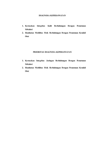 DIAGNOSA KEPERAWATAN 
1. Kerusakan Integritas Kulit Berhubungan Dengan Penurunan 
Sirkulasi 
2. Hambatan Mobilitas Fisik Berhubungan Dengan Penurunan Kendali 
Otot 
PRIORITAS DIAGNOSA KEPERAWATAN 
1. Kerusakan Integritas Jaringan Berhubungan Dengan Penurunan 
Sirkulasi 
2. Hambatan Mobilitas Fisik Berhubungan Dengan Penurunan Kendali 
Otot 
 