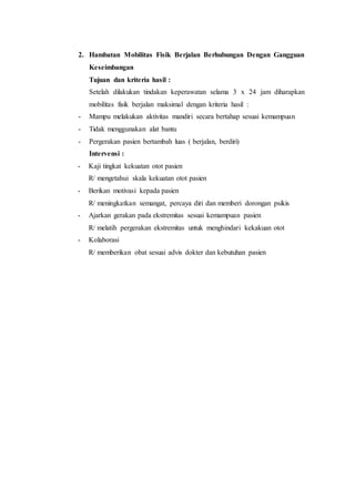 2. Hambatan Mobilitas Fisik Berjalan Berhubungan Dengan Gangguan 
Keseimbangan 
Tujuan dan kriteria hasil : 
Setelah dilakukan tindakan keperawatan selama 3 x 24 jam diharapkan 
mobilitas fisik berjalan maksimal dengan kriteria hasil : 
- Mampu melakukan aktivitas mandiri secara bertahap sesuai kemampuan 
- Tidak menggunakan alat bantu 
- Pergerakan pasien bertambah luas ( berjalan, berdiri) 
Intervensi : 
- Kaji tingkat kekuatan otot pasien 
R/ mengetahui skala kekuatan otot pasien 
- Berikan motivasi kepada pasien 
R/ meningkatkan semangat, percaya diri dan memberi dorongan psikis 
- Ajarkan gerakan pada ekstremitas sesuai kemampuan pasien 
R/ melatih pergerakan ekstremitas untuk menghindari kekakuan otot 
- Kolaborasi 
R/ memberikan obat sesuai advis dokter dan kebutuhan pasien 
 