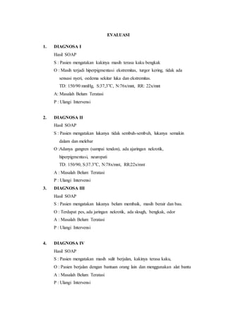 EVALUASI 
1. DIAGNOSA I 
Hasil SOAP 
S : Pasien mengatakan kakinya masih terasa kaku bengkak 
O : Masih terjadi hiperpigmentasi ekstremitas, turgor kering, tidak ada 
sensasi nyeri, oedema sekitar luka dan ekstremitas. 
TD: 150/90 mmHg, S:37,3”C, N:76x/mnt, RR: 22x/mnt 
A: Masalah Belum Teratasi 
P : Ulangi Intervensi 
2. DIAGNOSA II 
Hasil SOAP 
S : Pasien mengatakan lukanya tidak sembuh-sembuh, lukanya semakin 
dalam dan melebar 
O :Adanya gangren (sampai tendon), ada ajaringan nekrotik, 
hiperpigmentasi, neuropati 
TD: 150/90, S:37.3”C, N:78x/mnt, RR:22x/mnt 
A : Masalah Belum Teratasi 
P : Ulangi Intervensi 
3. DIAGNOSA III 
Hasil SOAP 
S : Pasien mengatakan lukanya belum membaik, masih berair dan bau. 
O : Terdapat pes, ada jaringan nekrotik, ada slough, bengkak, odor 
A : Masalah Belum Teratasi 
P : Ulangi Intervensi 
4. DIAGNOSA IV 
Hasil SOAP 
S : Pasien mengatakan masih sulit berjalan, kakinya terasa kaku, 
O : Pasien berjalan dengan bantuan orang lain dan menggunakan alat bantu 
A : Masalah Belum Teratasi 
P : Ulangi Intervensi 

