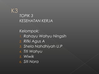 TOPIK 3 
KESEHATAN KERJA 
Kelompok: 
1. Rahayu Wahyu Ningsih 
2. Rifki Agus A 
3. Shela Nahdhiyah U.P 
4. Titi Wahyu 
5. Wiwik 
6. Siti Nora 
 