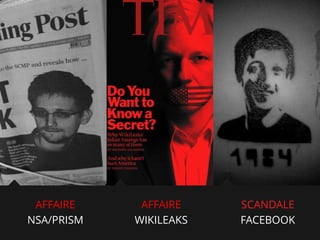 AFFAIRE
NSA/PRISM

AFFAIRE
WIKILEAKS

SCANDALE
FACEBOOK

 
