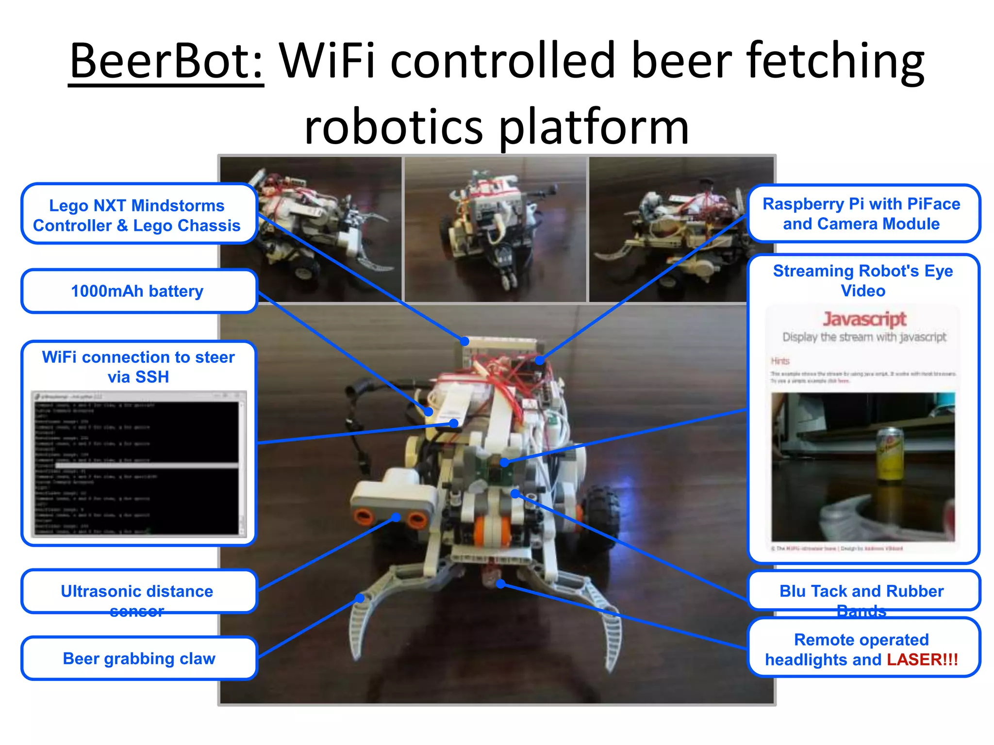 BeerBot: WiFi controlled beer fetching 
robotics platform 
Lego NXT Mindstorms 
Controller & Lego Chassis 
WiFi connection to steer 
via SSH 
Streaming Robot's Eye 
Video 
Ultrasonic distance 
sensor 
Beer grabbing claw 
Raspberry Pi with PiFace 
and Camera Module 
1000mAh battery 
Blu Tack and Rubber 
Bands 
Remote operated 
headlights and LASER!!! 
 