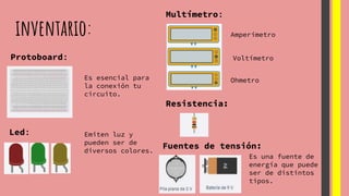 inventario:
Protoboard:
Es esencial para
la conexión tu
circuito.
Multímetro:
Emiten luz y
pueden ser de
diversos colores.
Es una fuente de
energía que puede
ser de distintos
tipos.
Resistencia:
Fuentes de tensión:
Led:
Amperímetro
Voltímetro
Ohmetro
 
