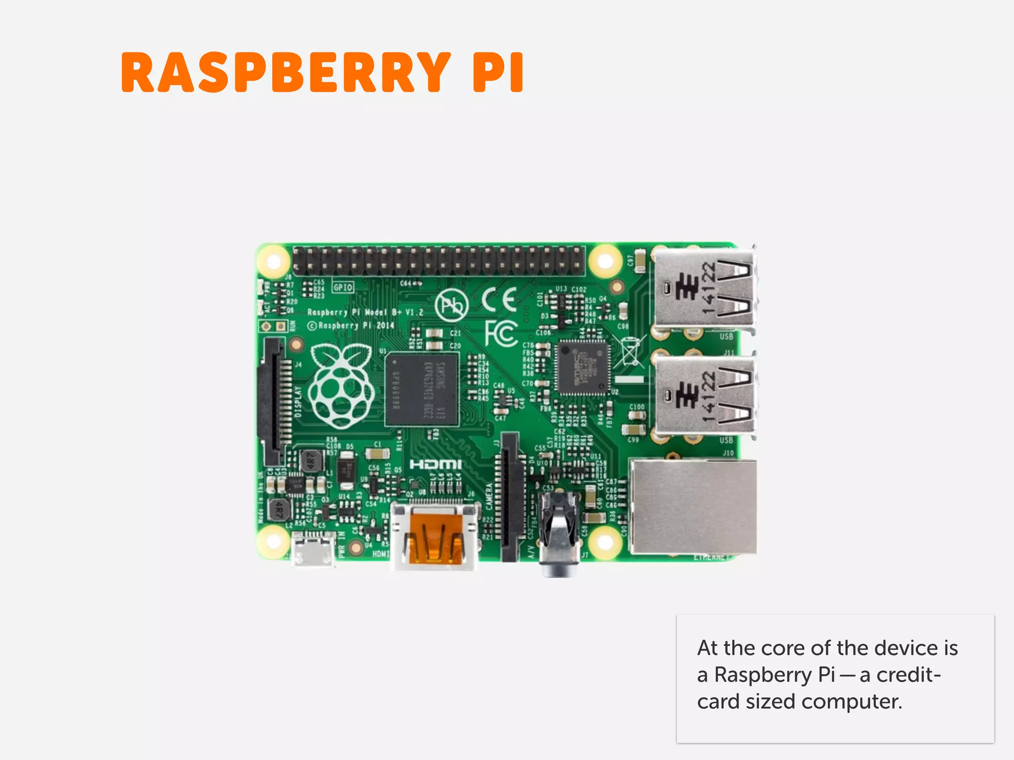 RASPBERRY PI
At the core of the device is
a Raspberry Pi — a credit-
card sized computer.
 