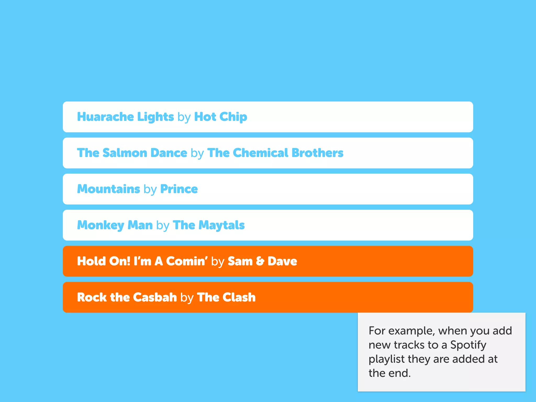 Huarache Lights by Hot Chip
The Salmon Dance by The Chemical Brothers
Mountains by Prince
Monkey Man by The Maytals
Hold On! I’m A Comin’ by Sam & Dave
Rock the Casbah by The Clash
For example, when you add
new tracks to a Spotify
playlist they are added at
the end.
 