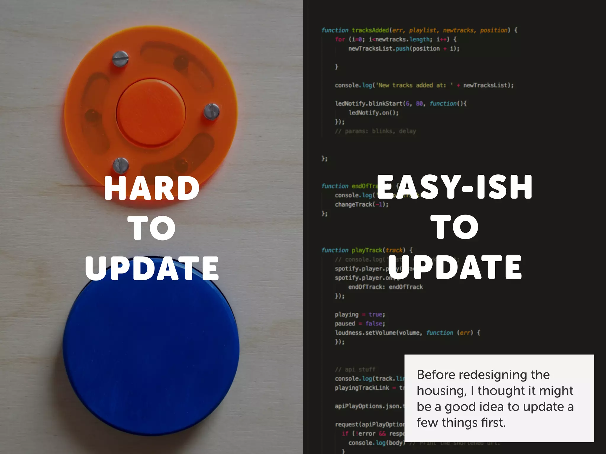 HARD 
TO
UPDATE
 
TO
UPDATE
EASY-ISH
Before redesigning the
housing, I thought it might
be a good idea to update a
few things ﬁrst.
 