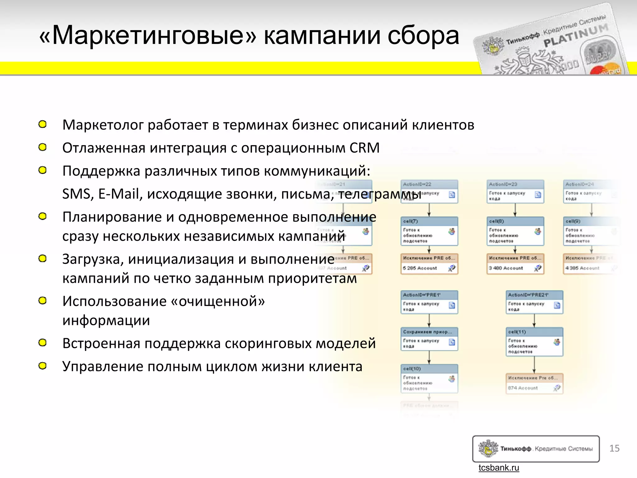 «Маркетинговые» кампании сбора


 Маркетолог работает в терминах бизнес описаний клиентов
 Отлаженная интеграция с операционным CRM
 Поддержка различных типов коммуникаций:
 SMS, E‐Mail, исходящие звонки, письма, телеграммы
 Планирование и одновременное выполнение
 сразу нескольких независимых кампаний
 Загрузка, инициализация и выполнение
 кампаний по четко заданным приоритетам
 Использование «очищенной»
 информации
 Встроенная поддержка скоринговых моделей
 Управление полным циклом жизни клиента




                                                                        15
                                                           tcsbank.ru
 