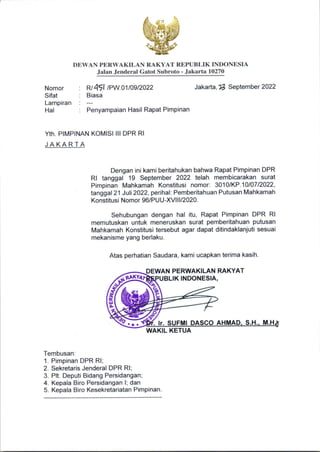Surat Pimpinan DPR ke Komisi III soal konfirmasi dari MK