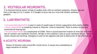 2. VESTIBULAR NEURONITIS.
It is characterized by severe vertigo of sudden onset with no cochlear symptoms. Attacks may last
from a few days to 2 or 3 weeks. It is thought to occur due to a virus that attacks vestibular
ganglion.
3. LABYRINTHITIS
• Circumscribed labyrinthitis is seen in cases of unsafe type of chronic suppurative otitis media (CSOM).
• Serous labyrinthitis is caused by trauma or infection (viral or bacterial). There is severe vertigo and
sensorineural hearing loss.
• Purulent labyrinthitis is a complication of CSOM. There is actual bacterial invasion of inner ear with total
loss of cochlear and vestibular functions. Vertigo in this condition is due to acute vestibular failure. There is
severe nausea and vomiting. Nystagmus is seen to the opposite side due to destruction of the affected ear.
Tumour of Schwann cells around 8th cranial nerve. It causes only unsteadiness or
vague sensation of motion.
4-ACUSTIC NEUROMA
 