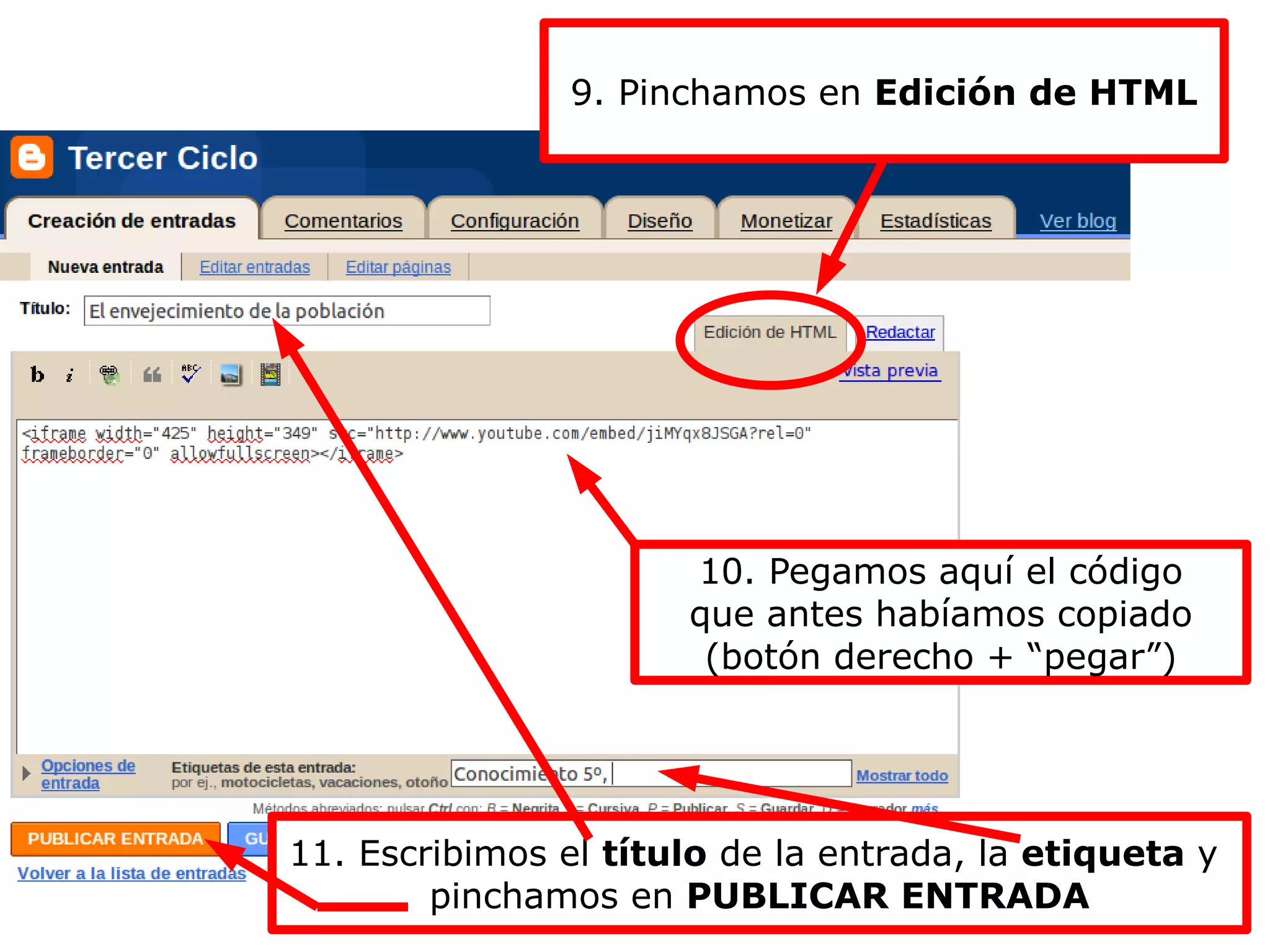 9. Pinchamos en Edición de HTML 11. Escribimos el título de la entrada, la etiqueta y pinchamos en PUBLICAR ENTRADA 10. Pegamos aquí el código que antes habíamos copiado (botón derecho + “pegar”)