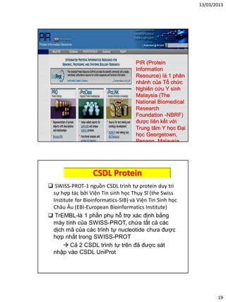 13/03/2013
19
PIR (Protein
Information
Resource) là 1 phân
nhánh của Tổ chức
Nghiên cứu Y sinh
Malaysia (The
National Biomedical
Research
Foundation -NBRF)
được liên kết với
Trung tâm Y học Đại
học Georgetown,
Penang, Malaysia
(GUMC)
CSDL Protein
 SWISS-PROT-1 nguồn CSDL trình tự protein duy trì
sự hợp tác bởi Viện Tin sinh học Thụy Sĩ (the Swiss
Institute for Bioinformatics-SIB) và Viện Tin Sinh học
Châu Âu (EBI-European Bioinformatics Institute)
 TrEMBL-là 1 phần phụ hỗ trợ xác định bằng
máy tính của SWISS-PROT, chứa tất cả các
dịch mã của các trình tự nucleotide chưa được
hợp nhất trong SWISS-PROT
 Cả 2 CSDL trình tự trên đã được sát
nhập vào CSDL UniProt
 