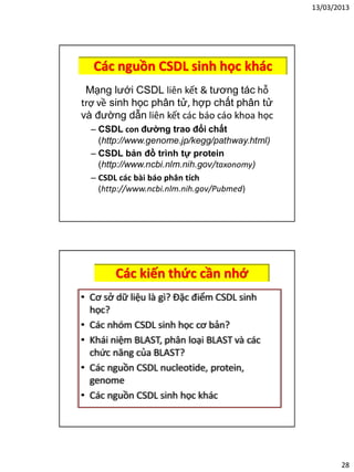13/03/2013
28
Các nguồn CSDL sinh học khác
Mạng lưới CSDL liên kết & tương tác hỗ
trợ về sinh học phân tử, hợp chất phân tử
và đường dẫn liên kết các báo cáo khoa học
– CSDL con đường trao đổi chất
(http://www.genome.jp/kegg/pathway.html)
– CSDL bản đồ trình tự protein
(http://www.ncbi.nlm.nih.gov/taxonomy)
– CSDL các bài báo phân tích
(http://www.ncbi.nlm.nih.gov/Pubmed)
Các kiến thức cần nhớ
• Cơ sở dữ liệu là gì? Đặc điểm CSDL sinh
học?
• Các nhóm CSDL sinh học cơ bản?
• Khái niệm BLAST, phân loại BLAST và các
chức năng của BLAST?
• Các nguồn CSDL nucleotide, protein,
genome
• Các nguồn CSDL sinh học khác
 