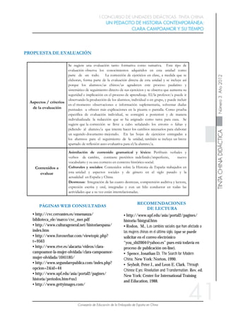 41
• http://cvc.cervantes.es/ensenanza/
biblioteca_ele/marco/cvc_mer.pdf
• http://www.culturageneral.net/historiaespana/
index.htm
• http://www.foroxerbar.com/viewtopic.php?
t=9563
• http://www.rtve.es/alacarta/videos/clara-
campoamor-la-mujer-olvidada/clara-campoamor-
mujer-olvidada/1041185/
• http://www.segundarepublica.com/index.php?
opcion=2&id=44
• http://www.upf.edu/asia/portal2/pagines/
historia/periodos.htm#xx1
• http://www.gettyimages.com/
• http://www.upf.edu/asia/portal2/pagines/
historia/histgral.htm
• Rodon, M., Los cambios sociales que han afectado a
las mujeres chinas en el último siglo. (que se puede
solicitar en el correo electrónico
“you_shi2004@yahoo.es” pues está todavía en
proceso de publicación on-line).
• Spence, Jonathan D. The Search for Modern
China. New York: Norton, 1990.
• Seybolt, Peter J., and Leon E. Clark. Through
Chinese Eyes: Revolution and Transformation. Rev. ed.
New York: Center for International Training
and Education, 1988.
 