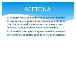 El acetona no es un conductor de electricidad pero
es una sustancia química muy básica que produce
reacciones entre dos átomos no metálicos y esto
favorece a que produzca cierta conductividad.
Este material nos ayuda a que el esmalte no seque
por completo el grafito cuando se están mezclando.
ACETONA