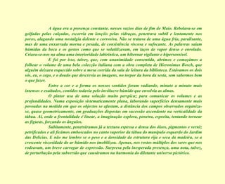 A água era a presença constante, nesses vazios dias de fim de Maio. Rebolava-se em golfadas pelas calçadas, escorria em lençóis pelas vidraças, penetrava subtil e lentamente nos poros, alagando uma nostalgia dolente e corrosiva. Não se tratava de uma água fria, paralisante, mas de uma enxurrada morna e pesada, de consistência viscosa e sufocante. As palavras saíam húmidas da boca e os gestos como que se volatilizavam, em laços de vapor denso e enrolado. Criara-se-nos na alma uma interioridade labiríntica, um hibernar vigilante e hipersensível. E foi por isso, talvez, que, com unanimidade consentida, abrimos e começámos a folhear o volume de uma bela colecção italiana com a obra completa de Hieronimus Bosch, que alguém deixara esquecido sobre a mesa corrida da sala de leitura da biblioteca. Estávamos os dois sós, eu, o cego, e o doudo que descrevia as imagens, no torpor da hora da sesta, sem sabermos bem o que fazer. Entre a cor e a forma os nossos sentidos foram vadiando, minuto a minuto mais intensos e exaltados, contidos todavia pelo invólucro húmido que envolvia as almas. O pintor usa de uma solução muito perspicaz para comunicar os volumes e as profundidades. Numa exposição sistematicamente plana, laborando superfícies densamente mais povoadas na medida em que os objectos se afastam, a distância dos campos observados organiza-se, quase geometricamente, em graduações dispostas em sucessão ascendente na verticalidade da tábua. Aí, onde a frontalidade é linear, a imaginação explora, penetra, espreita, tentando tornear as figuras, forçando os ângulos. Subitamente, penetráramos já a textura espessa e densa dos óleos, pigmentos e verniz petrificados e ali ficámos emboscados no canto superior da tábua do manípulo esquerdo do Jardim das Delícias. E não me lembro se o peso e a densidade da estrutura rija e seca da madeira, se a crescente viscosidade do ar húmido nos imobilizou. Apenas, nos rostos múltiplos dos seres que nos rodeavam, um breve carregar de expressão. Surpresa pela inesperada presença, uma nota, talvez, de perturbação pela subversão que causáramos na harmonia do diletante universo pictórico. 