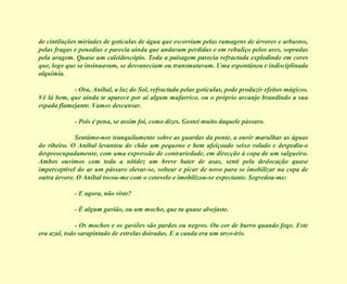 de cintilações miríades de gotículas de água que escorriam pelas ramagens de árvores e arbustos,
pelas fragas e penedias e parecia ainda que andavam perdidas e em rebuliço pelos ares, sopradas
pela aragem. Quase um caleidoscópio. Toda a paisagem parecia refractada explodindo em cores
que, logo que se insinuavam, se desvaneciam ou transmutavam. Uma espontânea e indisciplinada
alquimia.
- Ora, Aníbal, a luz do Sol, refractada pelas gotículas, pode produzir efeitos mágicos.
Vê lá bem, que ainda te aparece por aí algum mafarrico, ou o próprio arcanjo brandindo a sua
espada flamejante. Vamos descansar.
- Pois é pena, se assim foi, como dizes. Gostei muito daquele pássaro.
Sentámo-nos tranquilamente sobre as guardas da ponte, a ouvir marulhar as águas
do ribeiro. O Aníbal levantou do chão um pequeno e bem afeiçoado seixo rolado e despediu-o
despreocupadamente, com uma expressão de contrariedade, em direcção à copa de um salgueiro.
Ambos ouvimos com toda a nitidez um breve bater de asas, senti pela deslocação quase
imperceptível do ar um pássaro elevar-se, voltear e picar de novo para se imobilizar na copa de
outra árvore. O Aníbal tocou-me com o cotovelo e imobilizou-se expectante. Segredou-me:
- E agora, não viste?
- É algum gavião, ou um mocho, que tu quase alvejaste.
- Os mochos e os gaviões são pardos ou negros. Ou cor de burro quando foge. Este
era azul, todo sarapintado de estrelas doiradas. E a cauda era um arco-íris.

 