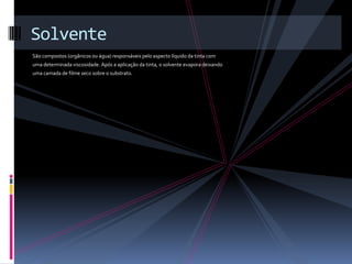 Solvente
São compostos (orgânicos ou água) responsáveis pelo aspecto líquido da tinta com
uma determinada viscosidade. Após a aplicação da tinta, o solvente evapora deixando
uma camada de filme seco sobre o substrato.
 