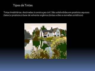 Tipos de Tintas

Tintas Imobiliárias: destinadas à construçao civil. São subdivididas em produtos aquosos
(latex) e produtos à base de solvente orgânico (tintas a óleo e esmaltes sintéticos)
 