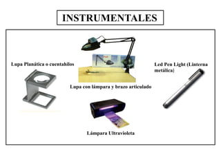 INSTRUMENTALES
Lupa Planática o cuentahilos
Lupa con lámpara y brazo articulado
Led Pen Light (Linterna
metálica)
Lámpara Ultravioleta
 
