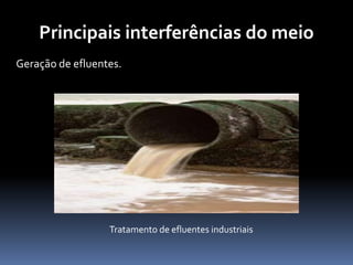 Principais interferências do meio
Geração de efluentes.
Tratamento de efluentes industriais
 