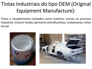 Tintas Industriais do tipo OEM (Original
       Equipment Manufacture):
Tintas e complementos utilizados como materias- primas no processo
industrial; incluem fundos (primers) eletroflureticos, acabamento, tintas
em pó.
 