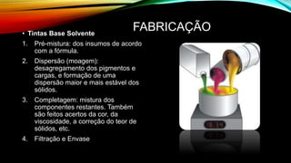 FABRICAÇÃO
• Tintas Base Solvente
1. Pré-mistura: dos insumos de acordo
com a fórmula.
2. Dispersão (moagem):
desagregamento dos pigmentos e
cargas, e formação de uma
dispersão maior e mais estável dos
sólidos.
3. Completagem: mistura dos
componentes restantes. Também
são feitos acertos da cor, da
viscosidade, a correção do teor de
sólidos, etc.
4. Filtração e Envase
 