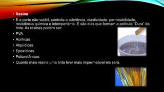 • Resina
• É a parte não volátil, controla a aderência, elasticidade, permeabilidade,
resistência química e intemperismo. E são elas que formam a película “Dura” da
tinta. As resinas podem ser:
• PVA
• Acrílicas
• Alquídicas
• Epoxídicas
• Poliuretânicas
• Quanto mais resina uma tinta tiver mais impermeável ela será.
 