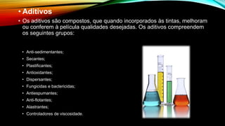 • Anti-sedimentantes;
• Secantes;
• Plastificantes;
• Antioxidantes;
• Dispersantes;
• Fungicidas e bactericidas;
• Antiespumantes;
• Anti-flotantes;
• Alastrantes;
• Controladores de viscosidade.
• Aditivos
• Os aditivos são compostos, que quando incorporados às tintas, melhoram
ou conferem à película qualidades desejadas. Os aditivos compreendem
os seguintes grupos:
 