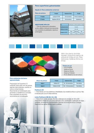 Para superfícies galvanizadas
Produto Espessura Seca Função
1º Demão Lackpoxi N 2198 20 micrometros Primer de Aderência
2º Demão Wegthane HPA 501 50 micrometros Acabamento
Opção 2: Para ambientes externos
Plano de pintura
Tintas em pó
g	POLITHERM	
	 Sistema Epoxi
	 Sistema Híbrido
	 Sistema Poliéster
g	W-Zn (Sistema rico em zinco)
Além dos planos de tintas
líquidas, possuímos planos de
pintura em tintas em pó. Para
estruturas metálicas temos as
linhas:
Para ambientes de baixa
agressividade
Preparação de Superficie: O
substrato deve estar livre de graxas,
agentes desmoldantes, poeiras ou
outros contaminantes.
Recomenda-se fosfatização para
aumentar a resistência à corrosão.
Para substratos de alumínio
recomenda-se cromatização.
Plano de pintura Produto Espessura Seca Função
Opção 1 Politherm 20 60 - 80 micrometros Tinta Híbriba
Opção 2 Politherm 50 HB 100 - 150 micrometros Tinta Híbriba
Politherm 20
g	 Tinta híbrida com boa aderência e flexibilidade, boa resistência física e química. Não
é indicada para uso em áreas externas.
Linha Politherm HB (50, 54 e 56)
g	 Tinta em pó de alta camada. Permite a obtenção de camadas de 100 a 200
micrometros obtidas em uma única aplicação a frio, substituindo a aplicação em duas
camadas, aumentando a produtividade e gerando economia de tempo e energia.
Disponível nas resinas híbrida, epóxi e poliéster.
WEGTHANE HPA 501
g	 Tinta de acabamento poliuretano
acrílico alifático brilhante bicomponente,
com excelente durabilidade e repintura
prolongada.
Cor Ral, Munsell ou conforme padrão do cliente.
Rendimento teórico* 11,6 m²/L
Sólidos por volume 62 ± 2%
Secagem (a 25ºC)
Toque Manuseio Total
2 horas 6 horas 168 horas
 