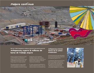 Mejora contínua




Más de 13.000 Trabajadores recibieron inducción hasta abril de este año
                                                                                          Antapaccay avanza
Antapaccay supera 16 millones de                                                          dentro de los plazos
horas de trabajo seguro                                                                   establecidos
                                                                                          A la primera semana de mayo del presente
Nuestro proyecto Antapaccay superó             de este año, es muy importante             año, el avance general de la construcción
las 18.415.263 horas-hombre de                 sensibilizar a todas y cada una de las     de Antapaccay superó el 74 %.
trabajo a inicios de abril, de las cuales      personas que se suman a nuestro entorno
16.300.000 horas-hombre fueron de              laboral. Por ello, incidimos en efectuar   La participación del personal proveniente
trabajo seguro sin tiempo perdido.             inducciones más dinámicas.                 de las comunidades ha sido bastante
                                                                                          activa, gracias al Plan de Empleo Local.
Para quienes estamos a cargo de este           En marzo, las horas de capacitación en     Así, hasta los primeros días de abril,
importante proyecto, que esperamos             materia ambiental sumaron 1.116, y en      1.452 personas provenientes de las
inicie su explotación en el tercer trimestre   total acumulamos más de 28.268 horas.      comunidades trabajaban en el proyecto.
 