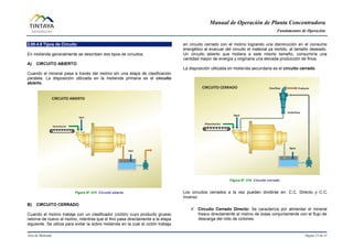 Manual de Operación de Planta Concentradora
Fundamentos de Operación
Área de Molienda Página 15 de 31
2.00.4.6 Tipos de Circuito
En molienda generalmente se describen dos tipos de circuitos:
A) CIRCUITO ABIERTO
Cuando el mineral pasa a través del molino sin una etapa de clasificación
paralela. La disposición utilizada en la molienda primaria es el circuito
abierto.
Figura N° 015 Circuito abierto.
B) CIRCUITO CERRADO
Cuando el molino trabaja con un clasificador (ciclón) cuyo producto grueso
retorna de nuevo al molino, mientras que el fino pasa directamente a la etapa
siguiente. Se utiliza para evitar la sobre molienda en la cual el ciclón trabaja
en circuito cerrado con el molino logrando una disminución en el consumo
energético al evacuar del circuito el material ya molido, al tamaño deseado.
Un circuito abierto que moliera a este mismo tamaño, consumiría una
cantidad mayor de energía y originaria una elevada producción de finos.
La disposición utilizada en molienda secundaria es el circuito cerrado.
Figura N° 016 Circuito cerrado.
Los circuitos cerrados a la vez pueden dividirse en: C.C. Directo y C.C.
Inverso.
 Circuito Cerrado Directo: Se caracteriza por alimentar el mineral
fresco directamente al molino de bolas conjuntamente con el flujo de
descarga del nido de ciclones.
 