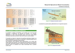 Manual de Operación de Planta Concentradora
Fundamentos de Operación
Área de Molienda Página 19 de 31
Figura N° 022 Tejidos de la malla del tamiz.
2.00.7 ZARANDEO Ó CRIBADO DE MINERALES
El zarandeo ó cribado de minerales, es el proceso por el cual se hace
separación ó clasificación de partículas de acuerdo a su tamaño,
separándola en dos ó más fracciones, cada una de las cuales estará
formada por partículas de tamaño más uniforme que la mezcla original.
El zarandeo se realiza en máquinas de superficies perforadas (mallas) y se
aplica generalmente en los circuito de chancado y molienda primaria con el
fin de aumentar la capacidad de estos equipos.
Esta operación como habíamos dicho anteriormente, en su forma más
simple origina dos productos, uno de partículas más gruesas que la abertura
de la malla, denominado gruesos o rechazo (Over size) y otro de tamaño de
partícula menor a la abertura de la malla, denominada finos o pasante
(Under size).
Figura N° 023 Ejemplo de zarandeo a malla ¾”.
La operación se puede explicar gráficamente con el siguiente esquema:
Figura N° 024 Esquema de zarandeo.
 