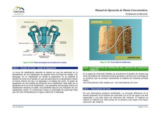 Manual de Operación de Planta Concentradora
Fundamentos de Operación
Área de Molienda Página 27 de 31
Figura N° 038 Partes principales de una batería de ciclones.
2.00.8.1 Tamaño de Corte – Grado de Separación
La curva de clasificación describe la manera en que las partículas en la
alimentación de una clasificador se reparten entre los flujos de rebase y de
descarga. En un clasificador en donde la separación no es perfecta el
tamaño de corte es el tamaño al cual las partículas en la alimentación tienen
la misma chance de irse a la descarga o al rebase del ciclón. El grado de
separación es una medida de eficiencia de la clasificación está dado por la
pendiente de la curva de clasificación, una pendiente pronunciada indica una
clasificación cercana a la ideal, una pendiente baja es una indicación de una
clasificación pobre. El cortocircuito indica el porcentaje de partículas finas
que han sido arrastradas por el agua y salen por la descarga.
Figura N° 039 Curva ideal de clasificación.
2.00.9 FUNDAMENTOS DE OPERACIÓN DEL CIRCUITO DE CHANCADO
PEBBLES
En la etapa de Chancado Pebbles se acondiciona el tamaño de mineral que
viene del sistema de molienda primaria (gruesos) y termina con la entrega de
un producto que es enviado nuevamente al sistema de molienda primaria
(SAG).
Las chancadoras más usadas son las chancadoras de cono.
2.00.9.1 Chancadoras de Cono
Es una chancadora giratoria modificada. La principal diferencia es el
diseño aplanado de la cámara de chancado con el fin de lograr una alta
capacidad y una alta razón de reducción del material. El objetivo es
retener el material por más tiempo en la cámara y así lograr una mayor
reducción del material.
 