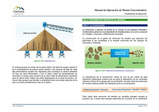 Manual de Operación de Planta Concentradora
Fundamentos de Operación
Área de Molienda Página 4 de 31
Figura N° 004 Capacidad viva.
El mineral grueso se extrae de la parte inferior del área de acopio usando 3
de 4 alimentadores de placas (apron feeder). Las razones de flujo de cada
faja alimentadora pueden ser reguladas para conseguir la mezcla deseada
de flujo de cada alimentador, y por lo tanto, todos los alimentadores se
controlan en común para cumplir con la razón total de alimentación requerida
para el molino SAG. Habrá una cierta segregación en el área de acopio, con
trozos más gruesos que tienden a colectarse sobre los bordes externos de la
pila y los finos prevaleciendo más en el centro.
2.00.3 FUNDAMENTOS RESPECTO AL MINERAL
2.00.3.1 La Conminución
La conminución o reducción de tamaño de un mineral, es una operación importante y
normalmente la primera en el procesamiento de minerales esta se encuentra presente
en 2 etapas: Chancado y Molienda de minerales.
La conminución es el grado de reducción de tamaño que alcanzan las
partículas al ser sometidas a la energía producida por los equipos de
chancado y molienda.
ENERGÍA
MINERAL FINOMINERAL GRUESO
MÁQUINADE
CONMINUCIÓN
Figura N° 005 Reducción de tamaño por conminución.
La importancia de la conminución radica en que es por medio de esta
operación metalúrgica unitaria que se logra la separación de los minerales
valiosos (mena) de la ganga que los acompaña, de este modo las partículas
de mineral valioso pueden ser liberadas para su concentración.
Para lograr esta reducción de tamaño se necesita entregar energía al
proceso, por lo tanto esta energía específica se convierte en un parámetro
Partícula Grande + Energía Partículas Pequeñas + Sonido + Calor
 