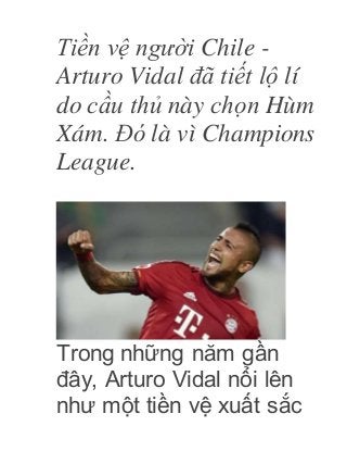 Tiền vệ người Chile -
Arturo Vidal đã tiết lộ lí
do cầu thủ này chọn Hùm
Xám. Đó là vì Champions
League.
Trong những năm gần
đây, Arturo Vidal nổi lên
như một tiền vệ xuất sắc
 