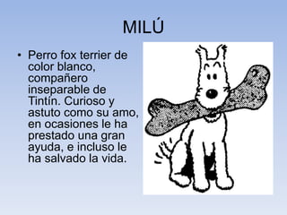 MILÚ
• Perro fox terrier de
color blanco,
compañero
inseparable de
Tintín. Curioso y
astuto como su amo,
en ocasiones le ha
prestado una gran
ayuda, e incluso le
ha salvado la vida.
 