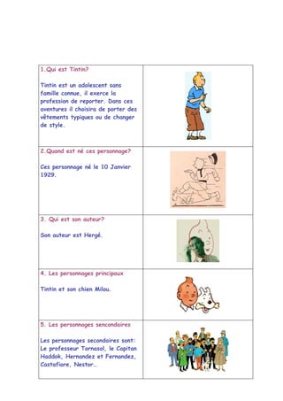 1.Qui est Tintin?

Tintin est un adolescent sans
famille connue, il exerce la
profession de reporter. Dans ces
aventures il choisira de porter des
vêtements typiques ou de changer
de style.



2.Quand est né ces personnage?

Ces personnage né le 10 Janvier
1929.




3. Qui est son auteur?

Son auteur est Hergé.




4. Les personnages principaux

Tintin et son chien Milou.




5. Les personnages sencondaires

Les personnages secondaires sont:
Le professeur Tornasol, le Capitan
Haddok, Hernandez et Fernandez,
Castafiore, Nestor…
 