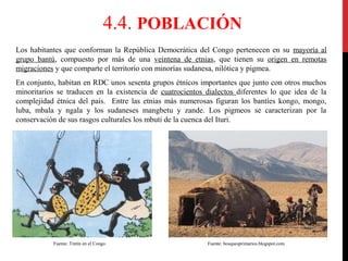 4.4. POBLACIÓN
Los habitantes que conforman la República Democrática del Congo pertenecen en su mayoría al
grupo bantú, compuesto por más de una veintena de etnias, que tienen su origen en remotas
migraciones y que comparte el territorio con minorías sudanesa, nilótica y pigmea.
En conjunto, habitan en RDC unos sesenta grupos étnicos importantes que junto con otros muchos
minoritarios se traducen en la existencia de cuatrocientos dialectos diferentes lo que idea de la
complejidad étnica del país. Entre las etnias más numerosas figuran los bantíes kongo, mongo,
luba, mbala y ngala y los sudaneses mangbetu y zande. Los pigmeos se caracterizan por la
conservación de sus rasgos culturales los mbuti de la cuenca del Ituri.

Fuente: Tintín en el Congo

Fuente: bosquesprimarios.blogspot.com

 
