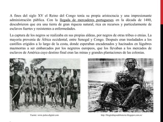 A fines del siglo XV el Reino del Congo tenía su propia aristocracia y una impresionante
administración pública. Con la llegada de mercaderes portugueses en la década de 1480,
descubrieron que era una tierra de gran riqueza natural, rica en recursos y particularmente de
esclavos fuertes y resistentes a enfermedades.
La captura de los negros se realizaba en sus propias aldeas, por negros de otras tribus o etnias. La
mayoría provenía de África occidental, entre Senegal y Congo. Después eran trasladados a los
castillos erigidos a lo largo de la costa, donde esperaban encadenados y hacinados en lúgubres
mazmorras a ser embarcados por los negreros europeos, que los llevaban a los mercados de
esclavos de América cuyo destino final eran las minas y grandes plantaciones de las colonias.

Fuente: www.pulso-digital.com

http://blogtrabajosdehistoria.blogspot.com.es/

 