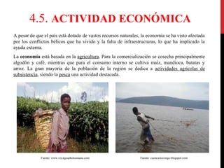 4.5. ACTIVIDAD ECONÓMICA
A pesar de que el país está dotado de vastos recursos naturales, la economía se ha visto afectada
por los conflictos bélicos que ha vivido y la falta de infraestructuras, lo que ha implicado la
ayuda externa.
La economía está basada en la agricultura. Para la comercialización se cosecha principalmente
algodón y café, mientras que para el consumo interno se cultiva maíz, mandioca, batatas y
arroz. La gran mayoría de la población de la región se dedica a actividades agrícolas de
subsistencia, siendo la pesca una actividad destacada.

Fuente: www.voyagesphotosmanu.com

Fuente: cuencariocongo.blogspot.com

 