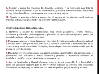 L. Conocer y asumir los principios del desarrollo sostenible y su repercusión para toda la
sociedad, valorar críticamente el uso del entorno natural, y adquirir hábitos de cuidado de los seres
vivos y del medioambiente, contribuyendo a su conservación y mejora.
M. Apreciar la creación artística y comprender el lenguaje de las distintas manifestaciones
artísticas, utilizando diversos medios de expresión y representación.

Objetivos Específicos de la Materia (OEM)
2. Identificar y analizar las interrelaciones entre hechos geográficos, sociales, políticos,
económicos y culturales, para comprender la pluralidad de causas que configuran el pasado, las
sociedades actuales y el espacio geográfico.
4. Comprender, respetar y valorar la riqueza y diversidad del patrimonio natural, histórico, cultural
y artístico para el enriquecimientos individual y colectivo, asumiendo la responsabilidad de su
conservación y manifestar actitudes de respeto y tolerancia por otras culturas sin renunciar por ello
a un juicio sobre las mismas.
5. Desarrollar proyectos, individuales o en equipo, dirigidos a comprender y analizar situaciones y
problemática real, utilizando el método científico y presentar la información utilizando un
vocabulario científico preciso y distintos recursos expresivos.
6. Apreciar los derechos y libertades humanas como un logro irrenunciable de la humanidad y
como una condición necesaria para la paz, y adoptar actitudes de denuncia ante situaciones
discriminatorias e injustas y de solidaridad con todos los pueblos, grupos sociales y personas.

 