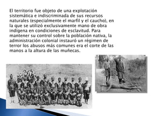 El territorio fue objeto de una explotación
sistemática e indiscriminada de sus recursos
naturales (especialmente el marfil y el caucho), en
la que se utilizó exclusivamente mano de obra
indígena en condiciones de esclavitud. Para
mantener su control sobre la población nativa, la
administración colonial instauró un régimen de
terror los abusos más comunes era el corte de las
manos a la altura de las muñecas.
 