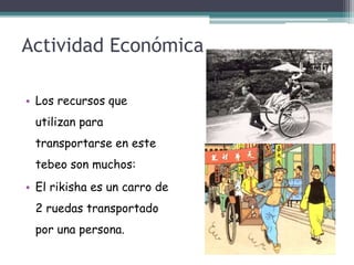 Actividad Económica
• Los recursos que
utilizan para
transportarse en este
tebeo son muchos:
• El rikisha es un carro de
2 ruedas transportado
por una persona.
 