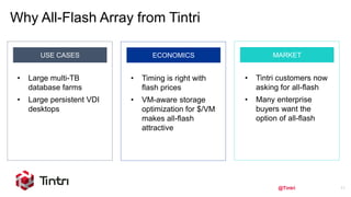 @Tintri 11
Why All-Flash Array from Tintri
MARKETECONOMICS
• Timing is right with
flash prices
• VM-aware storage
optimization for $/VM
makes all-flash
attractive
USE CASES
• Large multi-TB
database farms
• Large persistent VDI
desktops
• Tintri customers now
asking for all-flash
• Many enterprise
buyers want the
option of all-flash
 