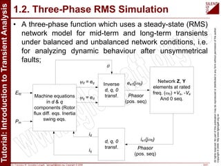Dr. Francisco M. Gonzalez-Longatt, fglongatt@ieee.org .Copyright © 2009 12/21
Allrightsreserved.Nopartofthispublicationmaybereproducedordistributedinanyformwithoutpermissionoftheauthor.
Copyright©2009.http:www.fglongatt.org.ve
1.2. Three-Phase RMS Simulation
• A three-phase function which uses a steady-state (RMS)
network model for mid-term and long-term transients
under balanced and unbalanced network conditions, i.e.
for analyzing dynamic behaviour after unsymmetrical
faults;
Machine equations
in d & q
components (Rotor
flux diff. eqs. Inertia
swing eqs.
Efd
Pm
Inverse
d, q, 0
transf.
d, q, 0
transf.
id
iq
Network Z, Y
elements at rated
freq. (ω0) +Ve, -Ve
And 0 seq.
ea1(jω0)
Phasor
(pos. seq)
ψd = eq
ψq = ed
θ
ia1(jω0)
Phasor
(pos. seq)
 
