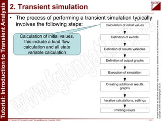 Dr. Francisco M. Gonzalez-Longatt, fglongatt@ieee.org .Copyright © 2009 15/21
Allrightsreserved.Nopartofthispublicationmaybereproducedordistributedinanyformwithoutpermissionoftheauthor.
Copyright©2009.http:www.fglongatt.org.ve
2. Transient simulation
• The process of performing a transient simulation typically
involves the following steps: Calculation of initial values
Definition of results variables
Definition of events
Definition of output graphs
Execution of simulation
Creating additional results
graphs
Iterative calculations, settings
Printing resuts
Calculation of initial values,
this include a load flow
calculation and all state
variable calculation
 