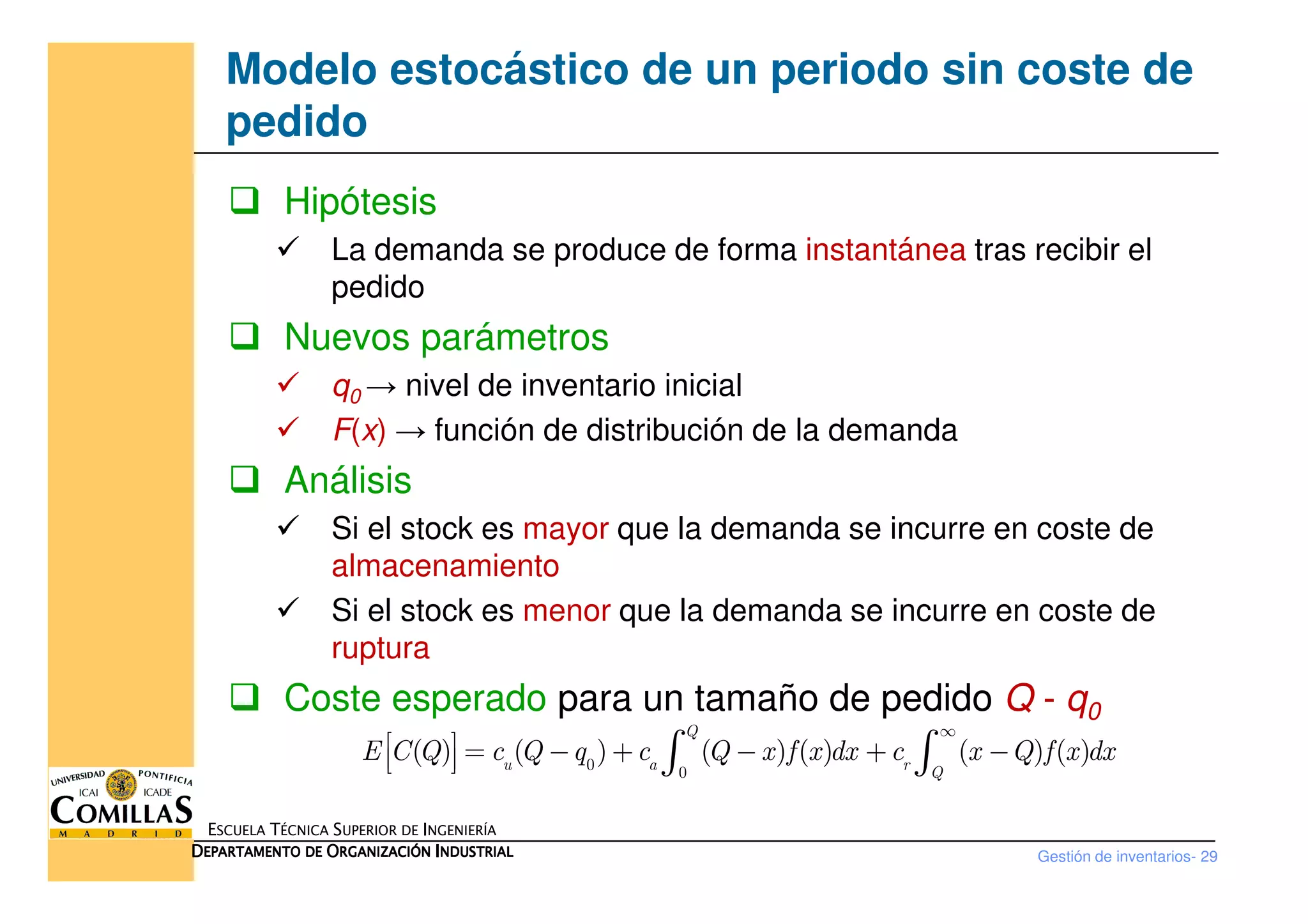 Modelo estocástico de un periodo sin coste de
pedido
Hipótesis
La demanda se produce de forma instantánea tras recibir el
pedido
Nuevos parámetros
q0 → nivel de inventario inicial
F(x) → función de distribución de la demanda
Análisis
Gestión de inventarios- 29
ESCUELA TÉCNICA SUPERIOR DE INGENIERÍA
DDDDEPARTAMENTO DEEPARTAMENTO DEEPARTAMENTO DEEPARTAMENTO DE OOOORGANIZACIÓNRGANIZACIÓNRGANIZACIÓNRGANIZACIÓN IIIINDUSTRIALNDUSTRIALNDUSTRIALNDUSTRIAL
Análisis
Si el stock es mayor que la demanda se incurre en coste de
almacenamiento
Si el stock es menor que la demanda se incurre en coste de
ruptura
Coste esperado para un tamaño de pedido Q - q0
0 0
( ) ( ) ( ) ( ) ( ) ( )
Q
u a r Q
E C Q c Q q c Q x f x dx c x Q f x dx
∞
  = − + − + −   ∫ ∫
 