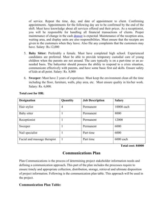 of service. Repeat the time, day, and date of appointment to client. Confirming
appointments. Appointments for the following day are to be confirmed by the end of the
shift. Must have knowledge about all services offered and their prices. As a receptionist,
you will be responsible for handling all financial transactions of clients. Proper
maintenance of change in the cash drawer is expected. Maintenance of the reception area,
waiting area, and display units are also responsibilities. Must ensure that the receipts are
given to the customers when they leave. Also file any complaints that the customers may
have. Salary: Rs.12,000
5. Baby Sitter: Preferably a female. Must have completed high school. Experienced
candidates are preferred. Must be able to provide temporary custodial care of young
children when the parents are not around. The care typically is on a part-time or an as-
needed basis. The babysitter should possess the ability to respond to a crisis situation,
communicate effectively with parents, and have some basic first aid skills. Ensure safety
of kids at all point. Salary: Rs. 8,000
6. Sweeper: Must have 2 years of experience. Must keep the environment clean all the time
including the floor, furniture, walls, play area, etc. Must ensure quality in his/her work.
Salary: Rs. 6,000.
Total cost for HR:
Designation Quantity Job Description Salary
Hair stylist 4 Permanent 10000 each
Baby sitter 1 Permanent 8000
Receptionist 1 Permanent 12000
Sweeper 1 Permanent 6000
Nail specialist 1 Part time 6000
Facial and massage therapist 1 Part time 6000 each
Total cost: 84000
Communications Plan
Plan Communications is the process of determining project stakeholder information needs and
defining a communication approach. This part of the plan includes the processes require to
ensure timely and appropriate collection, distribution, storage, retrieval and ultimate disposition
of project information. Following is the communication plan table. This approach will be used in
the project.
Communication Plan Table:
 