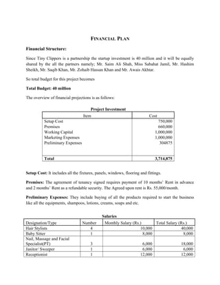 FINANCIAL PLAN
Financial Structure:
Since Tiny Clippers is a partnership the startup investment is 40 million and it will be equally
shared by the all the partners namely; Mr. Saim Ali Shah, Miss Sabahat Jamil, Mr. Hashim
Sheikh, Mr. Saqib Khan, Mr. Zohaib Hassan Khan and Mr. Awais Akhtar.
So total budget for this project becomes
Total Budget: 40 million
The overview of financial projections is as follows:
Project Investment
Item Cost
Setup Cost 750,000
Premises 660,000
Working Capital 1,000,000
Marketing Expenses 1,000,000
Preliminary Expenses 304875
Total 3,714,875
Setup Cost: It includes all the fixtures, panels, windows, flooring and fittings.
Premises: The agreement of tenancy signed requires payment of 10 months’ Rent in advance
and 2 months’ Rent as a refundable security. The Agreed upon rent is Rs. 55,000/month.
Preliminary Expenses: They include buying of all the products required to start the business
like all the equipments, shampoos, lotions, creams, soaps and etc.
Salaries
Designation/Type Number Monthly Salary (Rs.) Total Salary (Rs.)
Hair Stylists 4 10,000 40,000
Baby Sitter 1 8,000 8,000
Nail, Massage and Facial
Specialist(PT) 3 6,000 18,000
Janitor/ Sweeper 1 6,000 6,000
Receptionist 1 12,000 12,000
 